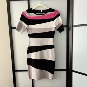 [1] Karen Millen Pink, Grey & Black Striped Bodycon Short Sleeve Mini Dress